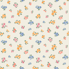 Vintage seamless floral pattern. Ditsy style background of small pastel colorful flowers. Small blooming flowers scattered over a gray background. Stock vector for printing on surfaces and web design. © ann_and_pen