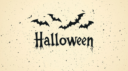 A minimalist vector illustration of the word «Halloween» written in black on a beige background. The design features simple line art in a magical style.