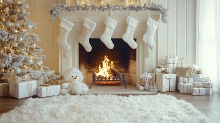 Background fireplace with a burning fire and Christmas stockings hanging from above