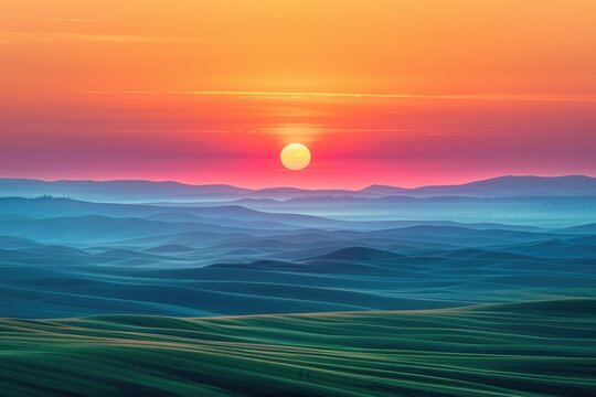 A beautiful sunset scene with rolling hills and a vast sky