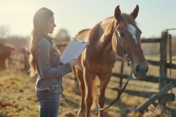 Obraz premium A woman stands beside a brown horse, both looking in the same direction