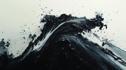 Abstract black and white ink splatter on a canvas, viewed from a slight angle to show the dynamic movement of the splashes 