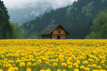 A Wooden Cabin Amidst a Sea of Dandelions in a Mountainous Forest