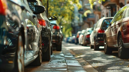 Obraz premium Row of vehicles parked along urban thoroughfare