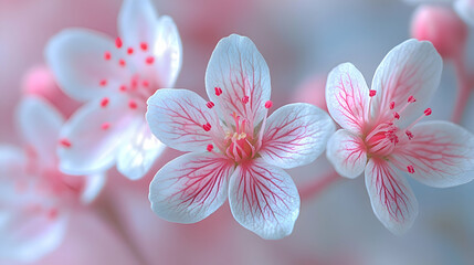 A macro shot of white saxifrage flowers with pink centers  a blurred soft color background