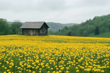 A Rustic Wooden Cabin Nestled in a Field of Dandelions