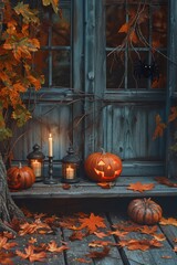 Obraz premium Cozy outdoor setting with two pumpkins and a candle on a wooden porch