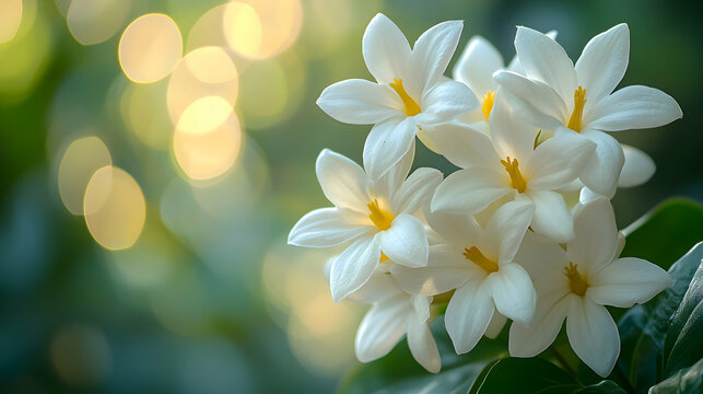 A macro shot of white stephanotis flowers  a blurred soft color background