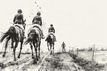 Group of people riding horses along a dirt road, great for travel or adventure concepts