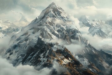 A mountain peak covered in thick snow and surrounded by clouds