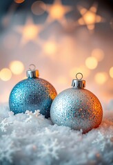 Glittery Silver and Blue Christmas Ornaments in Snow with Star-Shaped Bokeh Lights