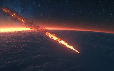 Fiery Meteorite Descending Through a Starry Night Sky. AI generated illustration