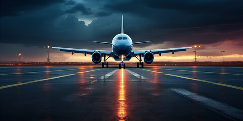 Front view of an airplane mirroring in the ground of airport during sunset.