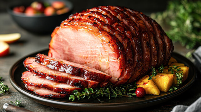 A large piece of ham is cut into slices and served on a black plate
