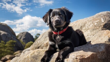 A black dog resting on rocks under a blue sky with clouds.