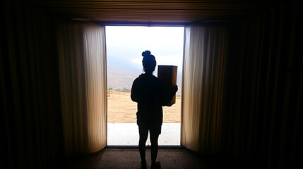Fototapeta premium Back view of young woman holding a parcel box received from delivery man looking at the front yard, concept of online shipping. Generative AI