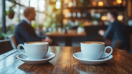 Fototapeta premium A cozy café scene featuring two cups of coffee on a wooden table, with blurred patrons in the background, creating a warm, inviting atmosphere.