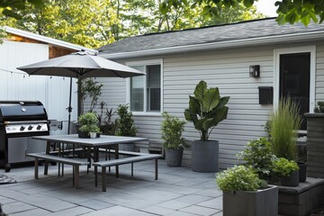 Slate house with grey vinyl siding, an industrial patio with a slate dining table, steel grill, charcoal umbrella, and grey potted plants