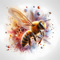 Cosmic Honeybee Surrounded by Celestial Elements and Hexagons