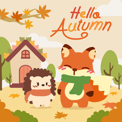 Cute Fox and Hedgehog with Scarves Celebrating Fall. A autumn illustration of a fox and hedgehog wearing scarves, standing outside a little woodland house surrounded by colorful fall leaves and trees.