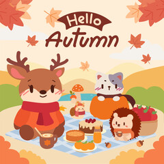 Adorable woodland animals, including a deer, cat, hedgehog, and squirrel, are enjoying a cozy autumn picnic filled with pies, cakes, and drinks.