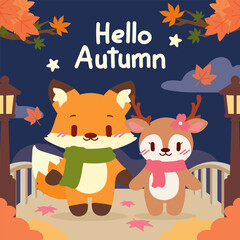 Fototapeta premium A cute fox and deer strolling together under a crisp night sky, surrounded by glowing lampposts and falling leaves.