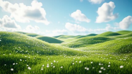 A vibrant green meadow with rolling hills, dotted with white flowers, under a clear blue sky with fluffy clouds.