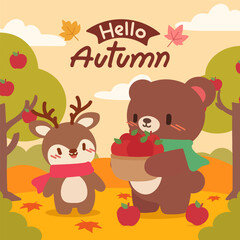 Hello Autumn Poster with Cute Bear and Deer in Apple Orchard. Cute Cartoon Autumn Illustration with Bear and Deer in Fall Forest.
