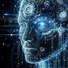 Digital Human Face with Futuristic Neural Circuitry and AI Elements