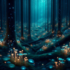 Enchanted Forest with Glowing Mushrooms and Lights