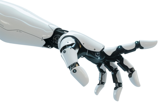Robot hand close up, artificial intelligence element technology robot futurist cyborg science.	 die cut transparent PNG.