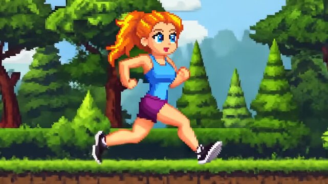 Pixel Art Character Running Through a Vibrant Forest Path in a Game Generative AI