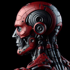 Futuristic Cyborg in Red Intricate Mechanized Human Profile Design