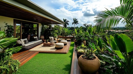 A rooftop terrace garden for a tropical home, filled with large potted plants like elephant ears and frangipani, with cozy seating areas and stunning views of the surrounding landscape