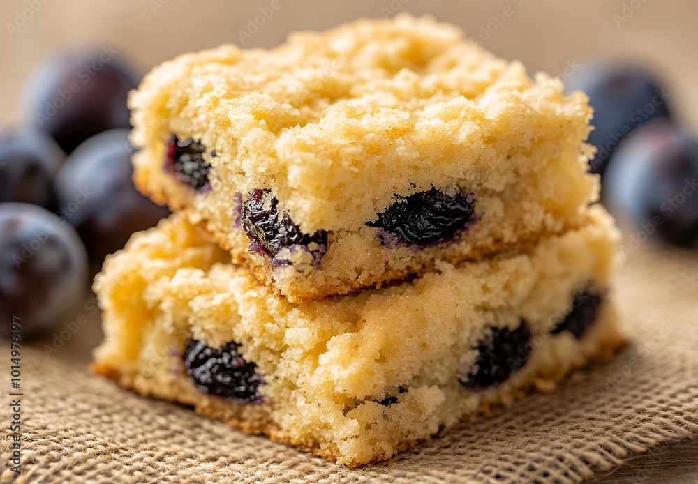 Poster Two blueberry squares sit on burlap with fresh blueberries in the background.