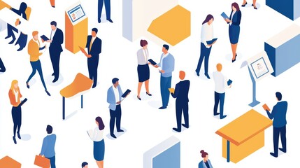 A vibrant illustration of professionals engaging in discussions, utilizing technology, and collaborating in a modern office environment.