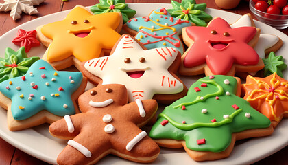Obraz premium Colorful decorated Christmas cookies in various shapes on a festive plate