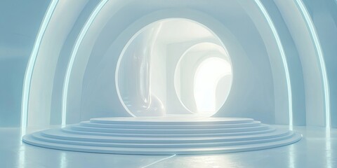 Fototapeta premium White background, circular stage with rounded edges in the center of an abstract space, with soft and gentle lines, high-end feel, light blue gradient, 3D rendering style, symmetrical composition, per