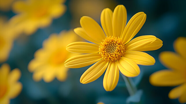 A macro shot of yellow groundsel flowers  a blurred soft color background