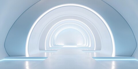 Obraz premium White background, circular stage with rounded edges in the center of an abstract space, with soft and gentle lines, high-end feel, light blue gradient, 3D rendering style, symmetrical composition, per