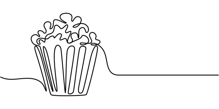 recommend clip art: Continuous one line drawing of Popcorn. Popcorn Box line art drawing vector illustration, Popcorn in a striped box in one line drawing. Cinema snack and movie concept. Popcorn Box And White Background