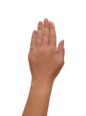 Obraz premium Woman raised hand isolated on a transparent background. Hand with manicure, beauty. Human hand. Gesture isolated on transparent background.