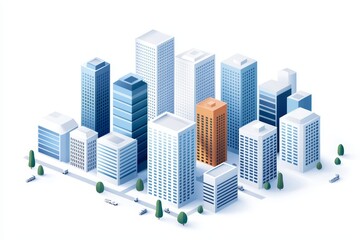 Obraz premium A modern cityscape illustration featuring various skyscrapers in shades of blue, with one distinct orange building amidst greenery.