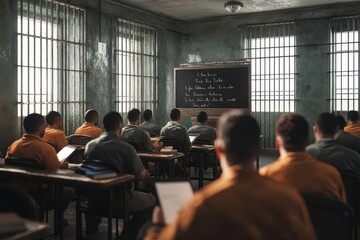 Obraz premium Prison classroom with inmates taking notes