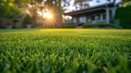 Close-up of Dew-Covered Grass with Sun Glare and Blurred House Background