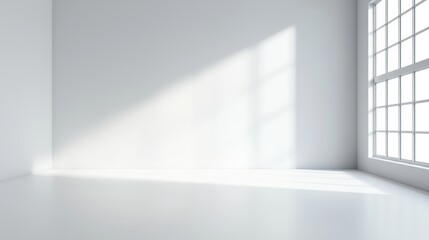 A bright, minimalistic room with white walls and large windows casting soft shadows on the floor.
