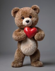 Cute teddy bear holding a red heart, displaying affection, plush toy, studio background, copy space