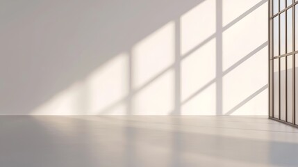 Fototapeta premium A minimalistic room with soft sunlight casting geometric shadows on a light wall, creating a serene and tranquil atmosphere.