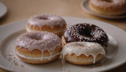 Assorted donuts with icing and sprinkles on a plate, delicious dessert display, cozy setting, copy space