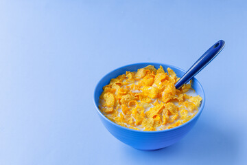 Blue bowl of cereal and milk with copy space